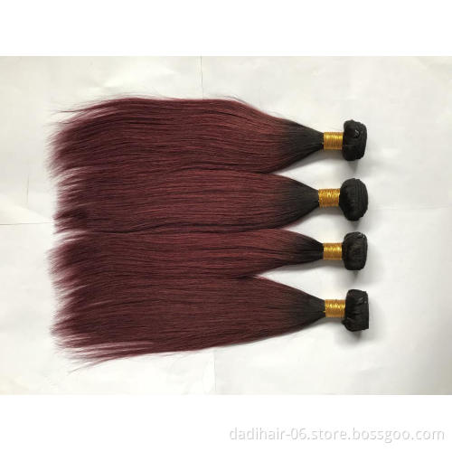two tone ombre color dark red straight hair weave, natural Brazilian hair
